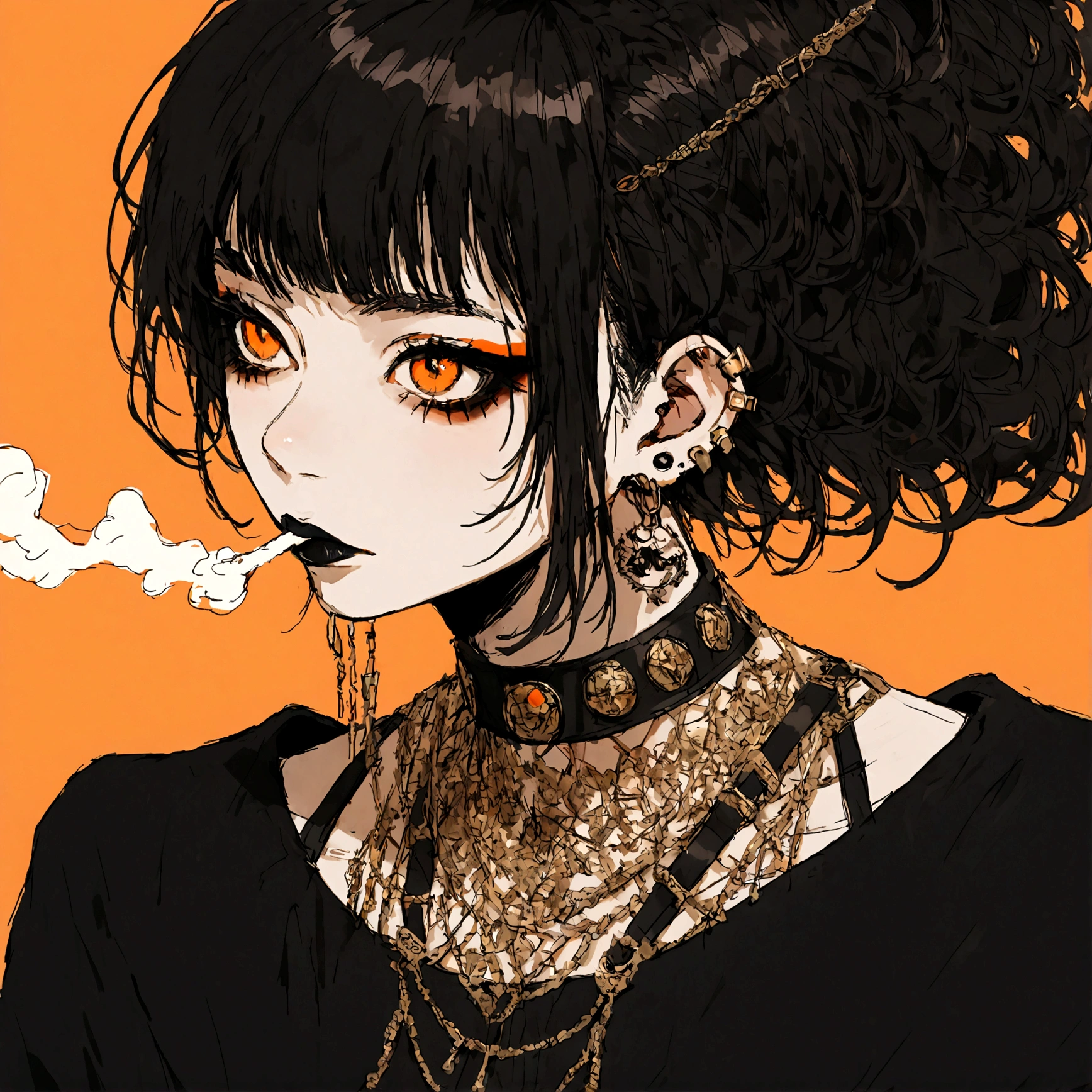 a punk female with long curly black hair, orange eyes and an orange backround, smoke coming from mouth, wearing punk goth attire, wearing goth makeup, solo, alone, black eyeliner, (SOLO)(ALONE), intricate gold ear piercings, has a shaved undercut