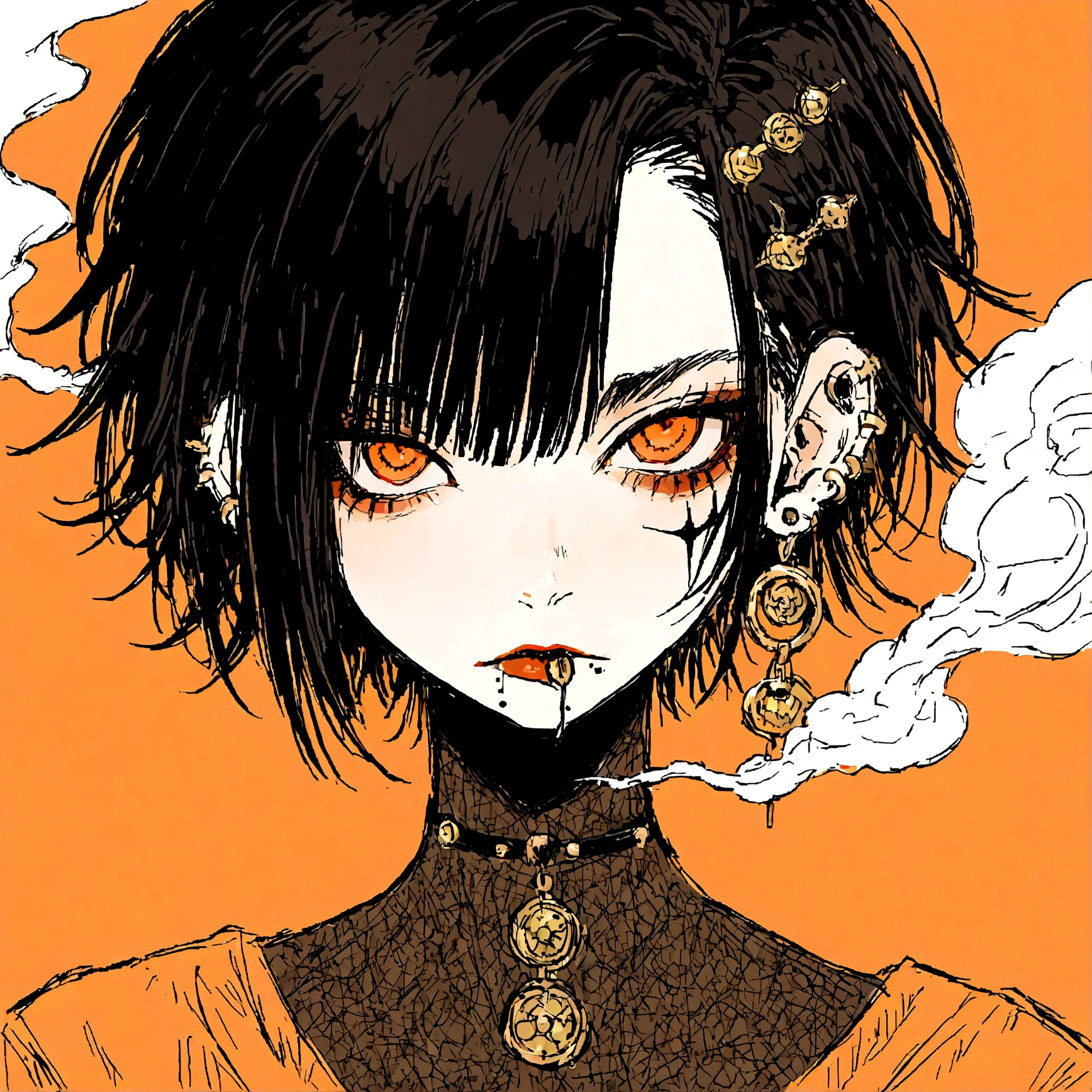 a punk female with long curly black hair, orange eyes and an orange backround, smoke coming from mouth, wearing punk goth attire, wearing goth makeup, solo, alone, black eyeliner, (SOLO)(ALONE), intricate gold ear piercings, has a shaved undercut