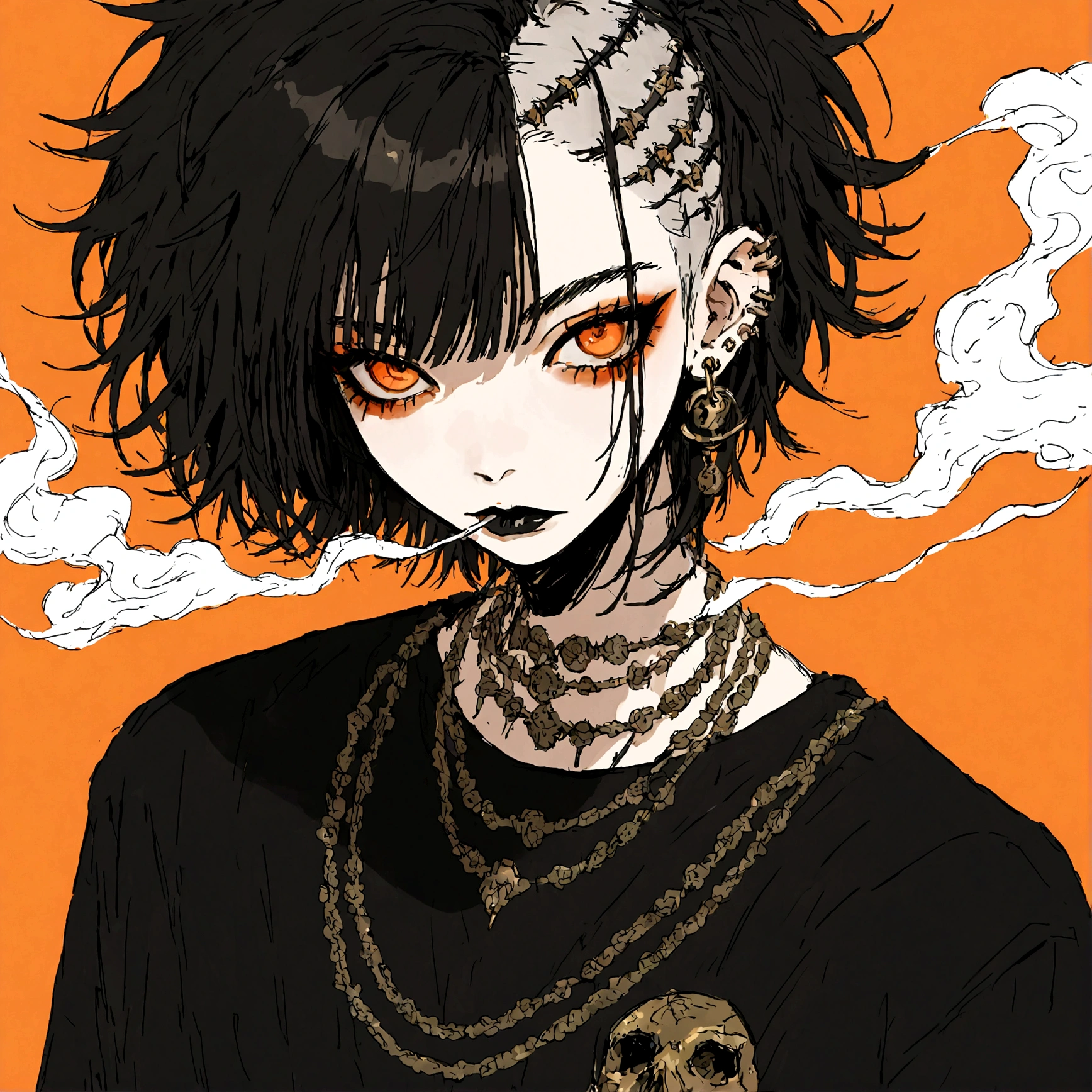 a punk female with long curly black hair, orange eyes and an orange backround, smoke coming from mouth, wearing punk goth attire, wearing goth makeup, solo, alone, black eyeliner, (SOLO)(ALONE), intricate gold ear piercings, has a shaved undercut