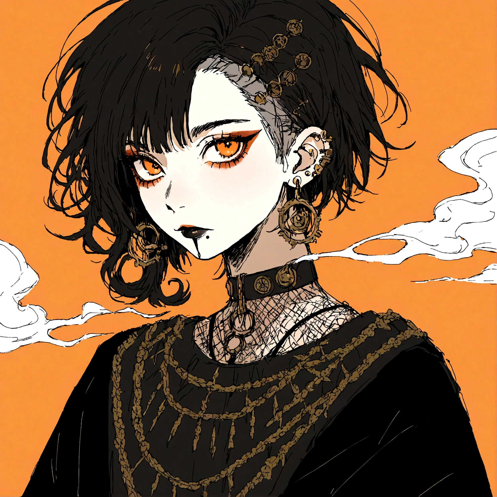 a punk female with long curly black hair, orange eyes and an orange backround, smoke coming from mouth, wearing punk goth attire, wearing goth makeup, solo, alone, black eyeliner, (SOLO)(ALONE), intricate gold ear piercings, has a shaved undercut