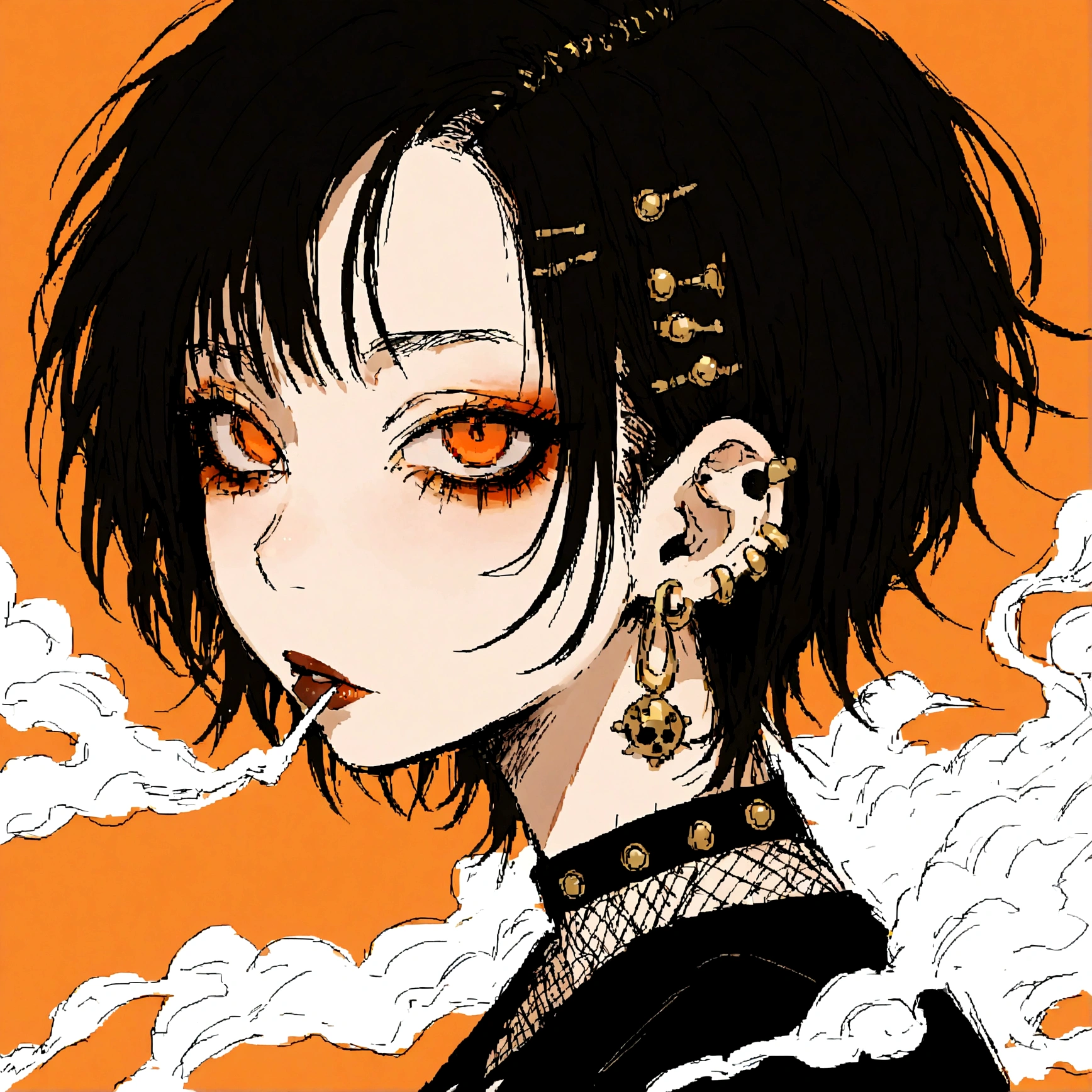 a punk female with long curly black hair, orange eyes and an orange backround, smoke coming from mouth, wearing punk goth attire, wearing goth makeup, solo, alone, black eyeliner, (SOLO)(ALONE), intricate gold ear piercings, has a shaved undercut
