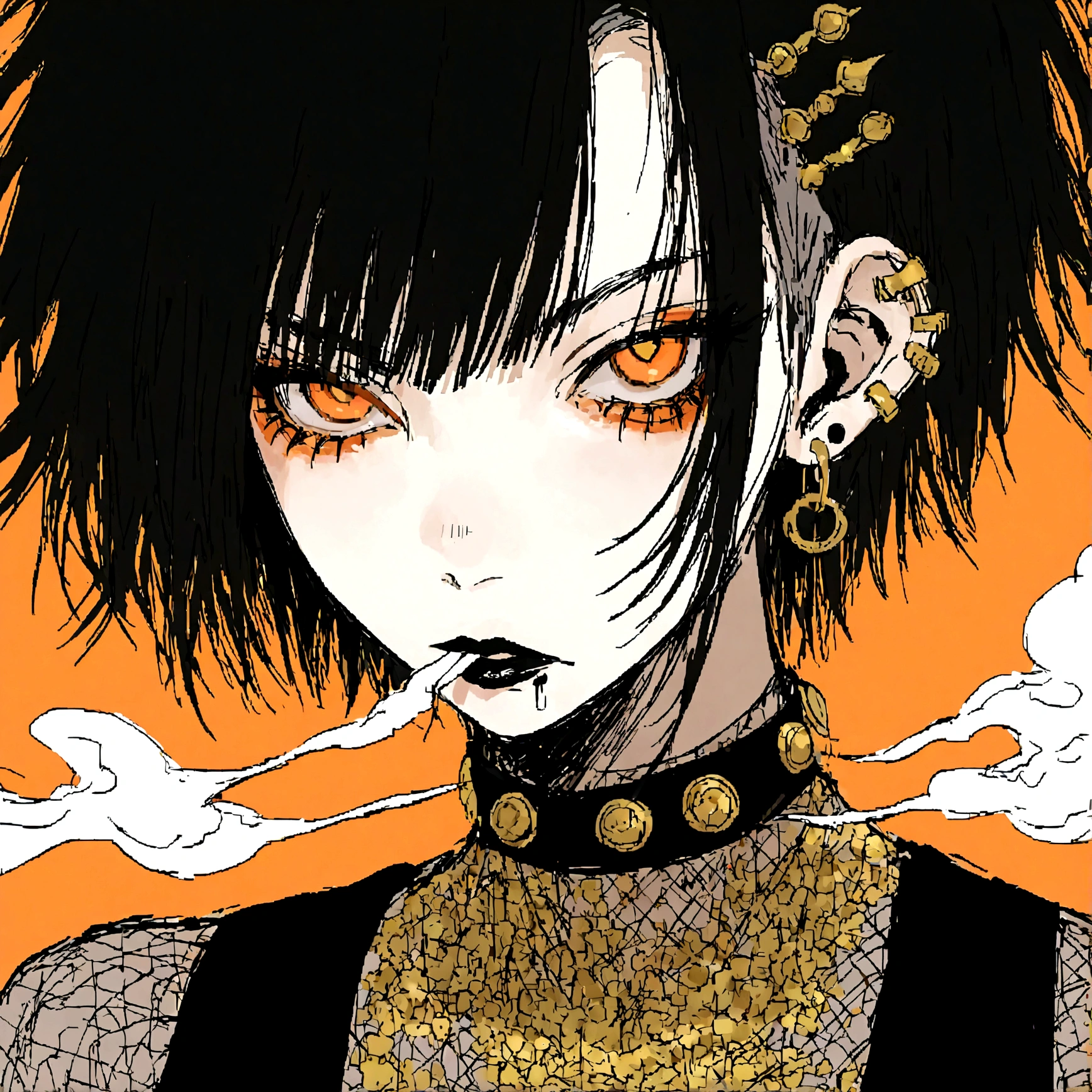 a punk female with long curly black hair, orange eyes and an orange backround, smoke coming from mouth, wearing punk goth attire, wearing goth makeup, solo, alone, black eyeliner, (SOLO)(ALONE), intricate gold ear piercings, has a shaved undercut