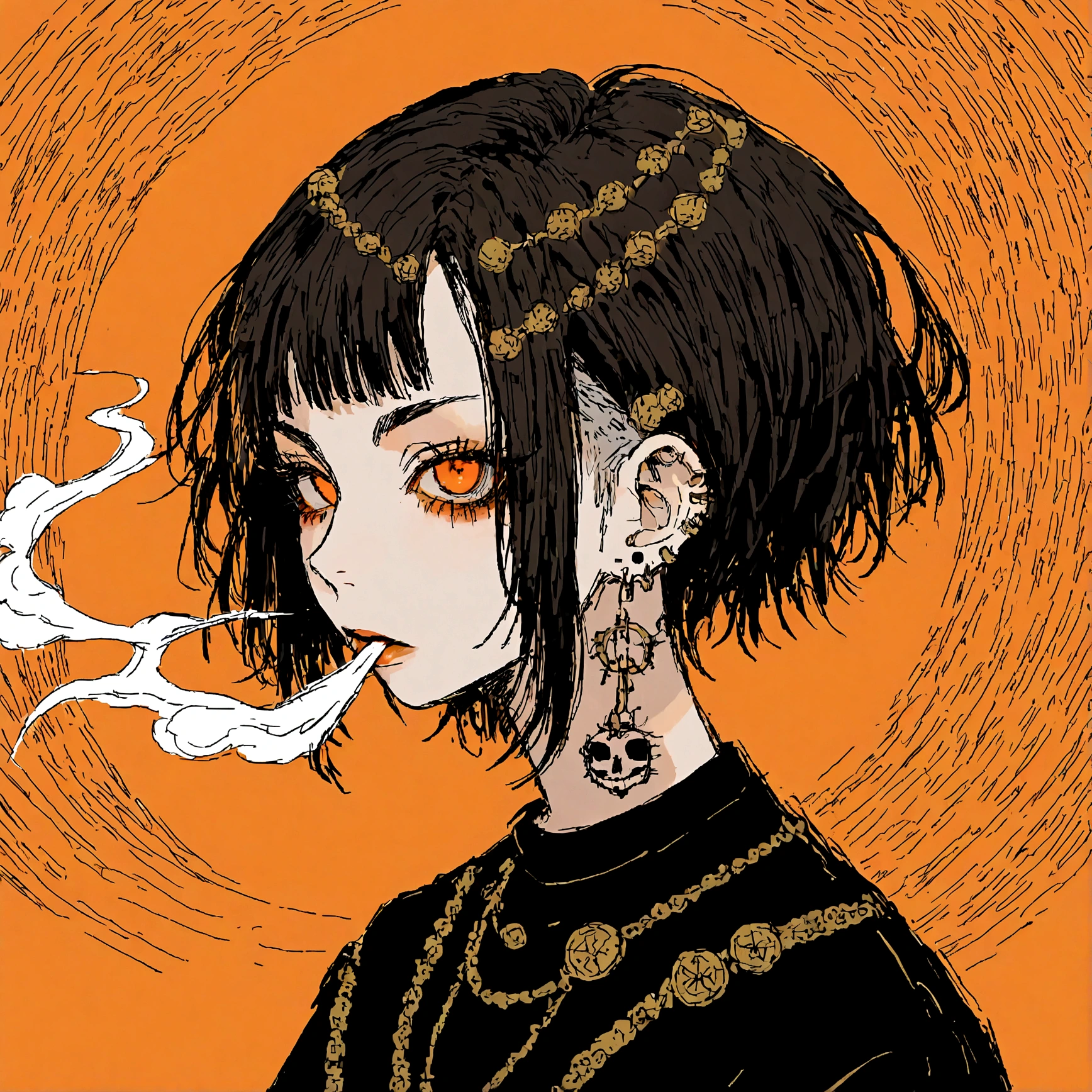 a punk female with long curly black hair, orange eyes and an orange backround, smoke coming from mouth, wearing punk goth attire, wearing goth makeup, solo, alone, black eyeliner, (SOLO)(ALONE), intricate gold ear piercings, has a shaved undercut