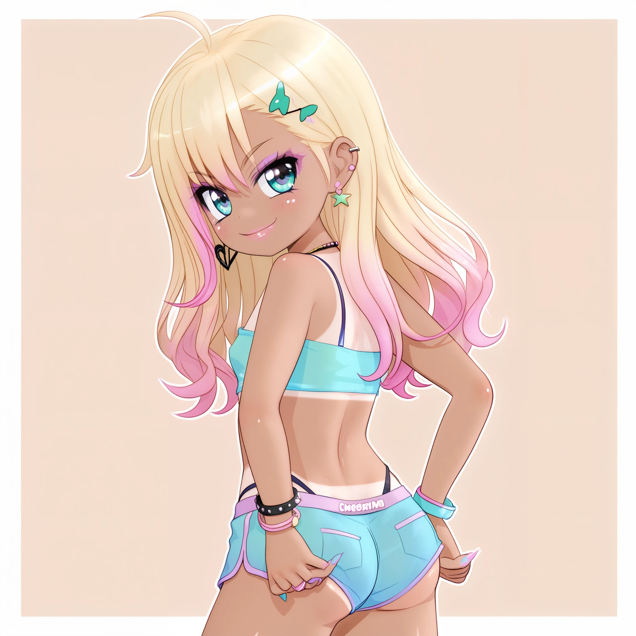 By mantis-x, (gyaru), young girl, tight small hotpants, small breasts, playful smile, blonde hair, ((tanned skin)), solo, midriff, tube top, ass shake, lewd dance,