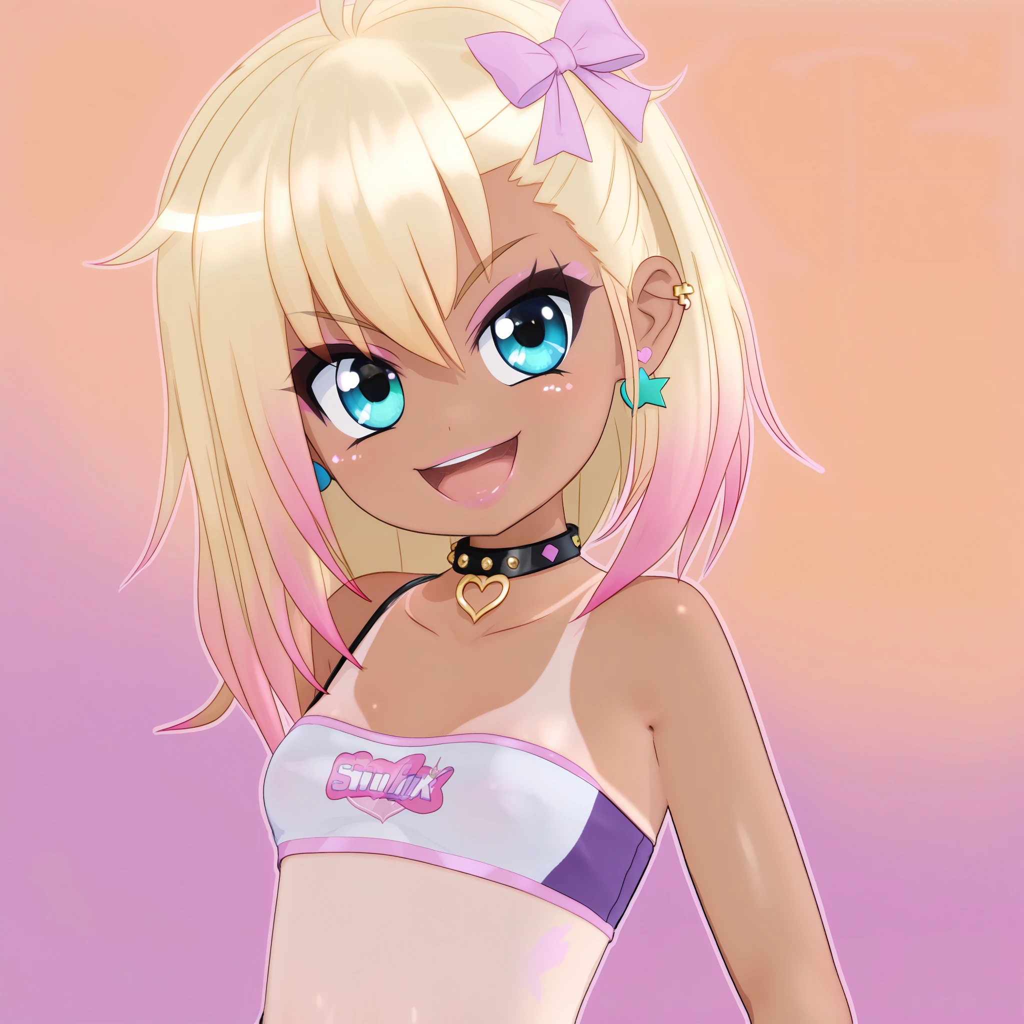 By mantis-x, (gyaru), young girl, tight small hotpants, small breasts, playful smile, blonde hair, ((tanned skin)), solo, midriff, tube top, ass shake, lewd dance,