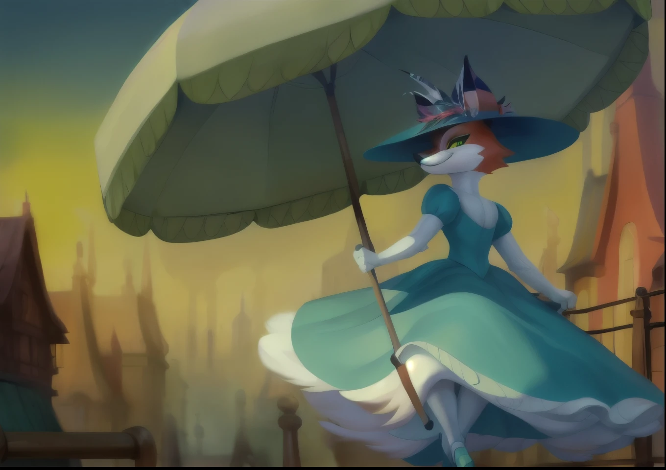 solo,
1girl ,
fox,
hat,
dress,
shoes,
boots,
multi tail,
nine tails,
umbrella,
 white gloves, 
dark-green feathered hat, 
dark-green high-heeled boots ,
parasol,
random pose,
 june_way_uwe,
(detailed background, depth of field),
(intricate:1.1),
(high detail:1.2),
(soft focus),
(masterpiece, best quality, 4k, 2k, shaded, absurd res),
hyper realism,
by Chunie,
by CyanCapsule,
by Hallogreen