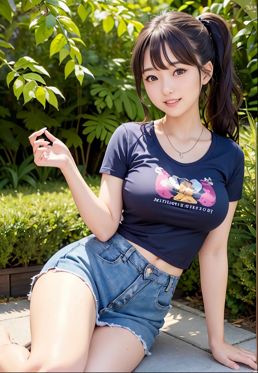 (highest quality,masterpiece:1.3,Ultra-high resolution),(Very detailed、Caustics) (Realistic:1.4, RAW shooting、)Ultra-Realistic Capture、Very detailed、Natural skin texture、masterpiece、(Japanese girl in a printed t-shirt and jeans tight skirt:1.3)、Wearing a cardigan over、Adorable expression、Expressions of happiness、14 years old、Height: 160cm、Young Face、Amazingly cute、Twin tail hairstyle、Curly Hair、Scrunchie、necklace、Black Hair、light makeup、H cup breasts、Shining thighs、Shining ass、Photo shoot in a private garden、Background details、smile、An inviting gaze、Anatomically correct、Cowboy Shot、Attention to detail、Sexy and cute pose