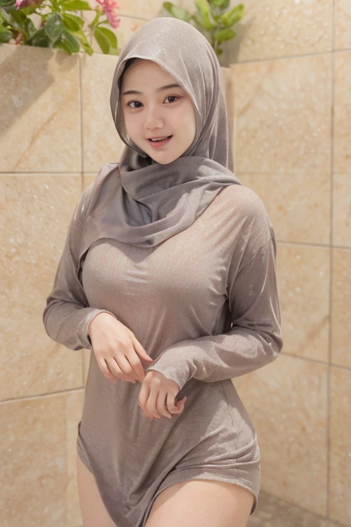 adorable, 1 girl, , baby face, s full body portrait, (face details: 1), (eye details: 1), ((medium breasts)). wearing pinky long shirt, long skirt, modern hijab colorful, (large breasts)... Rain, ((wet)), shirt wet, Cute posed. proportional body. Ultra High Res. realistic: 1.4, UHD