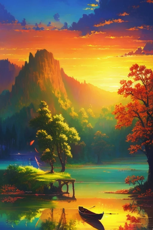 painting of a man in a boat on a lake at sunset, a fine art painting inspired by Thomas Moran, shutterstock, impressionism, in a serene landscape, oil painting hue, peaceful scene, a beautiful painting, serene scene, oil painting 4k, oil painting 4 k, tranquil scene, beautiful oil painting on canvas, peaceful landscape, nature painting, 4 k oil painting inspired by Kuindzhi