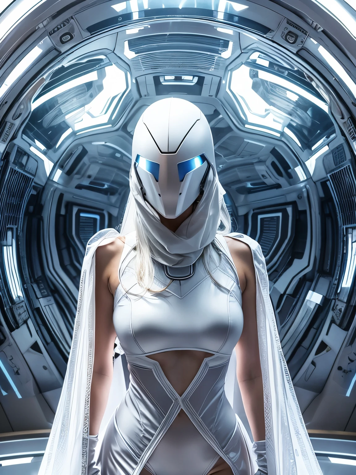 Full body. An ultra hot gorgeous European woman covered in loose clothing. White cotton veils. Large breast. ((Her face is hidden behind a futuristic helmet )).A sci-fi image. In an aseptic futuristic setting.