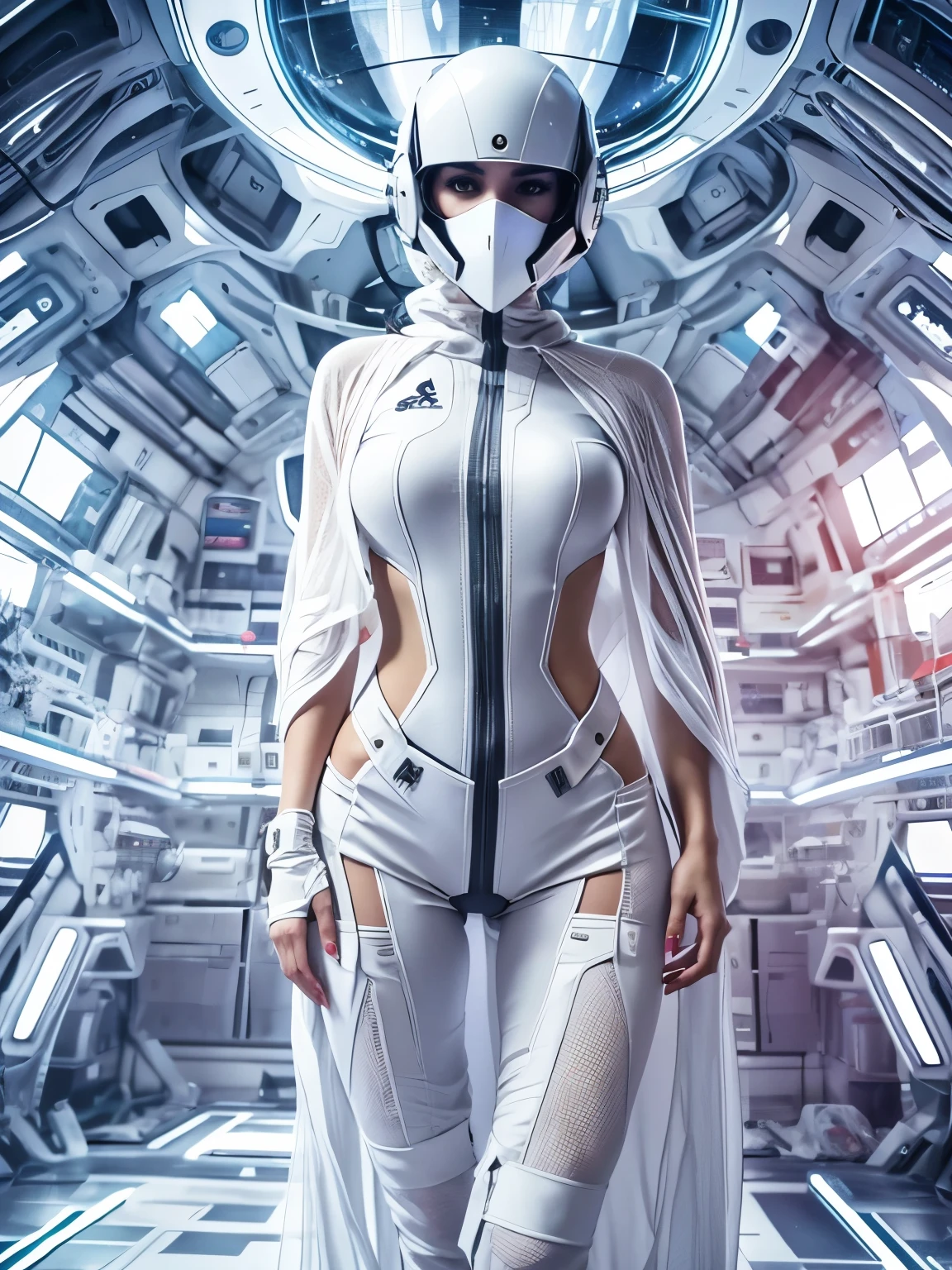 Full body. An ultra hot gorgeous European woman covered in loose clothing. White cotton veils. Large breast. ((Her face is hidden behind a futuristic helmet )).A sci-fi image. In an aseptic futuristic setting.