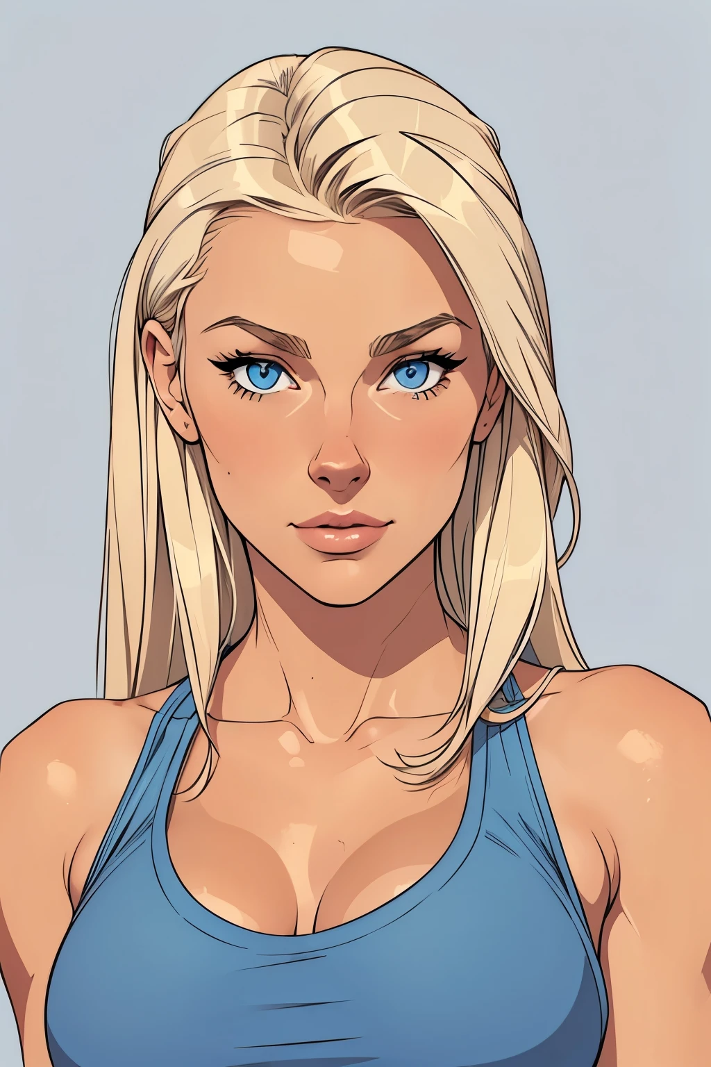 
Flat colors,close-up, portrait,  of a 25 year old surfer looking girl, tan skin, ([blue eyes]) Beach blonde salty hair, natural beaty, beautiful, casual, blue tank top, masterpiece, (([Simple grey background]))

