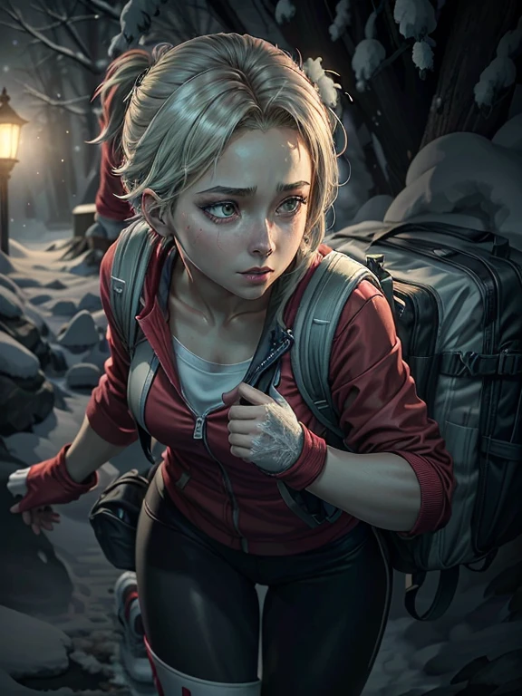 ((Best quality)), ((Masterpiece)), (detailed), (4K quality), (Detailed face:1.2), (Detailed eyes:1.2), (Perfect figure:1.2), 1girl, UDSam, solo, short hair, blonde hair, (Wearing: Red jacket, white leggings, fingerless gloves, snow boots and backpack:1.3), foggy and snowing weather snowy, blizzard, in a forest, upper body shot, night time ambiance, expressive eyes, detailed shadows, walking, detailed background. She's looking into the camera with a worried and determined feeling. This is a masterpiece that exudes exceptional quality and immersion. The illustration is ultra-detailed, Using HDR technology to create a sense of depth. Tone is isolation, gloomy, and anxiety driven, Full of spooky elements.
