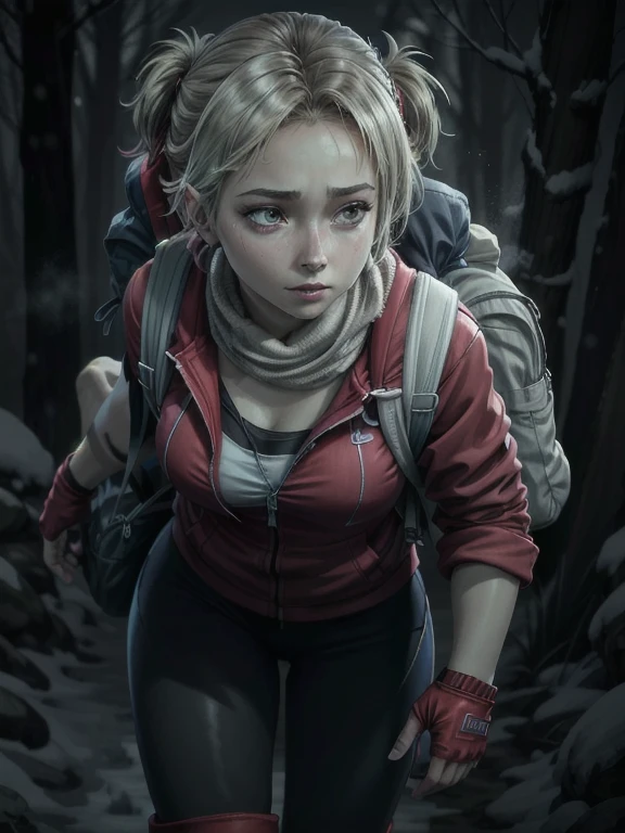 ((Best quality)), ((Masterpiece)), (detailed), (4K quality), (Detailed face:1.2), (Detailed eyes:1.2), (Perfect figure:1.2), 1girl, UDSam, solo, short hair, blonde hair, (Wearing: Red jacket, white leggings, fingerless gloves, snow boots and backpack:1.3), foggy and snowing weather snowy, blizzard, in a forest, upper body shot, night time ambiance, expressive eyes, detailed shadows, walking, detailed background. She's looking into the camera with a worried and determined feeling. This is a masterpiece that exudes exceptional quality and immersion. The illustration is ultra-detailed, Using HDR technology to create a sense of depth. Tone is isolation, gloomy, and anxiety driven, Full of spooky elements.
