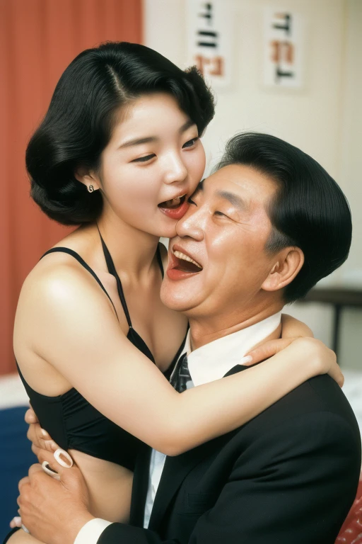 (((1 korean young girl and 1 old korean man having a deep kiss))), {Seoul, 1988, A young korean beautiful girl, 22-year-old, sexy girl, strikingly beautiful, black hair, big breasts, delicate facial features, porcelain skin, red lips, expressive eyes, ((awe and joy expression)), ((swimsuit from the 1980s)), (hairstyle of the 1980s),her hair styled in classic pin curls, girl sitting on the bed, erotic pose, from front, (((open mouth and tongue out))),} ,(((60 years old korean man wearing business suit))), (((60 years old korean man hugging on korean young girl's chest))),