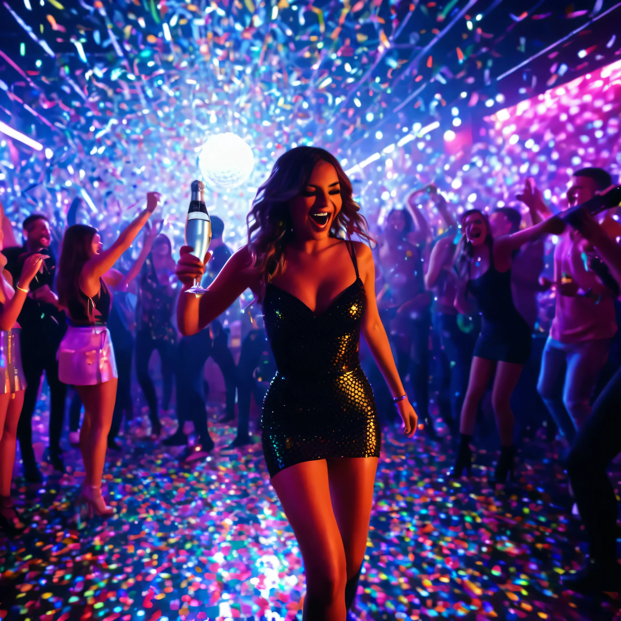 a birthday party on a dance floor in the nightclub, 1girl dancing happily, colorful neon lights, disco ball, crowd of people dancing, electronic music, pulsing beat, champagne glasses, birthday cake, confetti, disco lights, colorful smoke effects, motion blur, dynamic pose, vibrant colors, cinematic lighting, photorealistic, 8k, high quality, hyper detailed