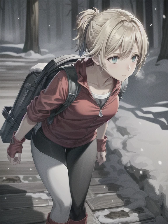 ((Best quality)), ((Masterpiece)), (detailed), (4K quality), (Detailed face:1.2), (Detailed eyes:1.2), (Perfect figure:1.2), 1girl, UDSam, solo, short hair, blonde hair, (Wearing: Red jacket, white leggings, fingerless gloves, snow boots and backpack:1.3), foggy and snowing weather snowy, blizzard, in a forest, upper body shot, night time ambiance, expressive eyes, detailed shadows, walking, detailed background. She's looking into the camera with a worried and determined feeling. This is a masterpiece that exudes exceptional quality and immersion. The illustration is ultra-detailed, Using HDR technology to create a sense of depth. Tone is isolation, gloomy, and anxiety driven, Full of spooky elements.
