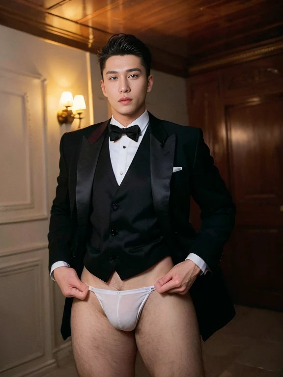 ((masterpiece)), ((best quality:1.2)), High Resolution, 8k, (ultra_realistic:1.3), (photorealistic:1.4), (instagram model, handsome:1.2), sharp focus, a portrait shot of (tedpullinbp), model pose, open tuxedo, rich interior of a mansion, dinner gala, sexy , nsfw , eroticism , full length shot(fls) , bare thighs , wide hips , wearing sexy micro thong