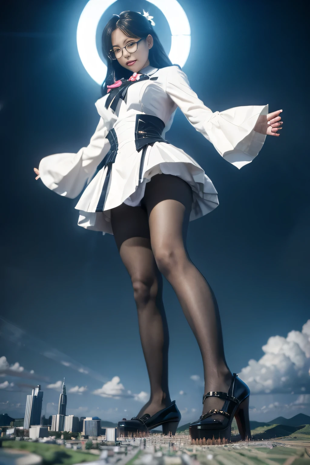 giantess art, highly detailed giantess shots, giantess, most detailed, perfect face, Two legs, Five fingers, A beautiful girl who is bigger than a skyscraper, Wearing rimless glasses, smile, huge breasts, blue base and white accents magical girl dress, bow, magical girl, holding a magical wand, black pantyhose, blue stiletto heels, thunderbolt from a magical wand, Destroying cities, Under heavy attack, A very small big city, Miniature metropolis, Full body description, GTS, giga giantess, stomping city, crash city, tiny city, micro city, pantyhose feet, High resolution, highest quality, masterpiece,