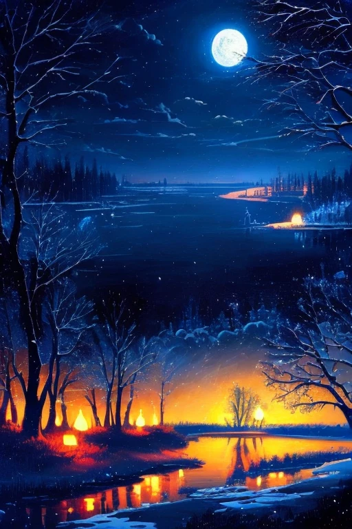 Moonlit night on dnepr river as a variation picture by kuindzhi, oil painting masterpiece 