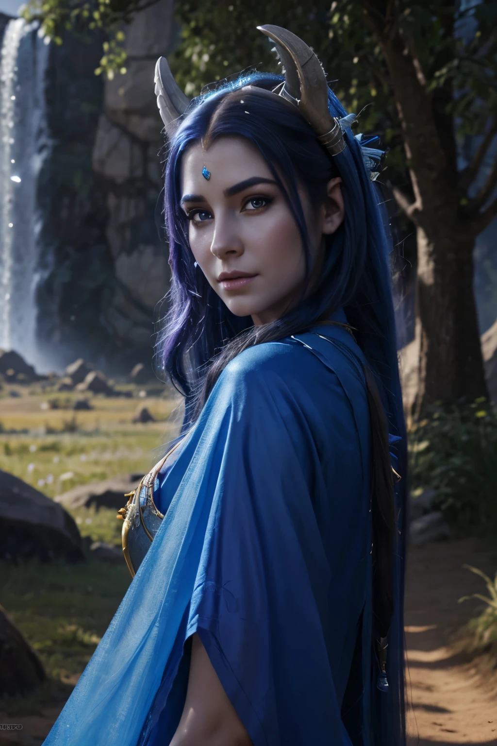 A beautiful blue-skinned draenei girl from the Warcraft game, long flowing hair, detailed facial features, elegant dress, fantasy landscape background, hyperrealistic, 8k, photorealistic, masterpiece