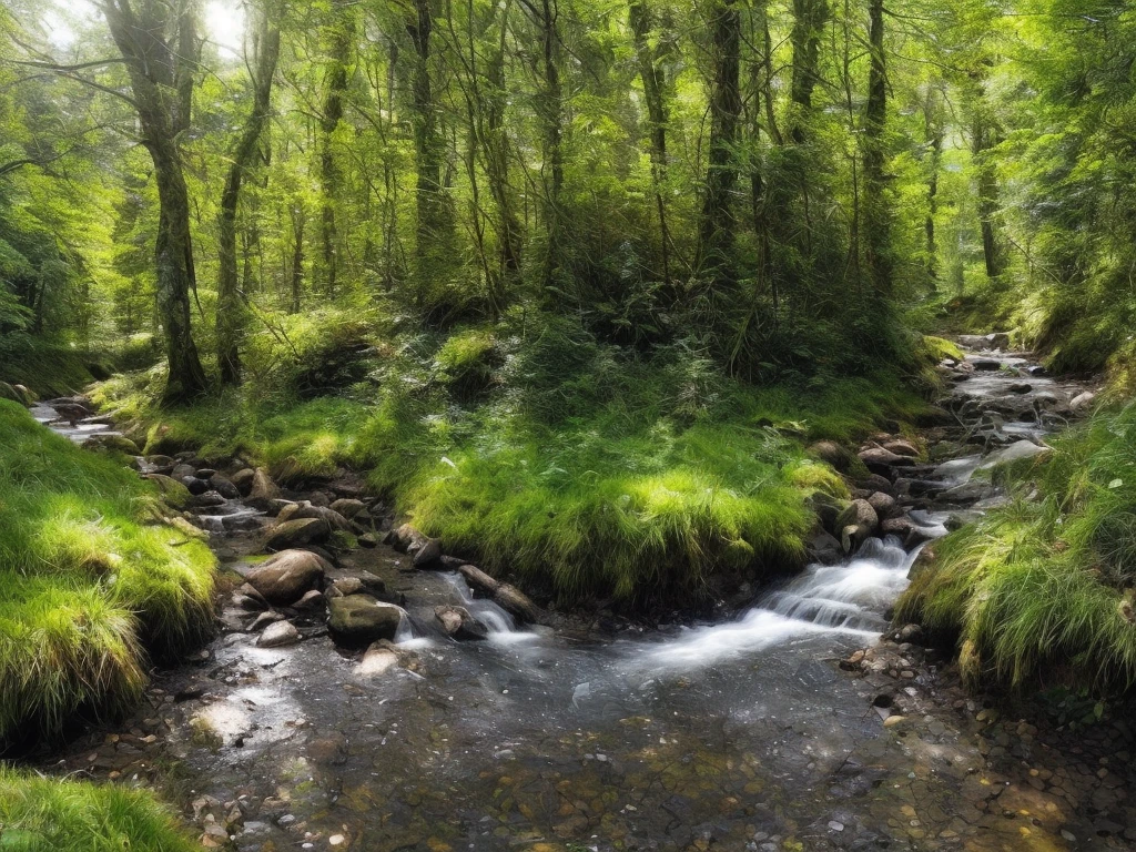 Stream coming down hill, trees next to stream, realistic, photorealistic, hyperealistic, small animals and birds by stream, blue sky, occasional small clouds,