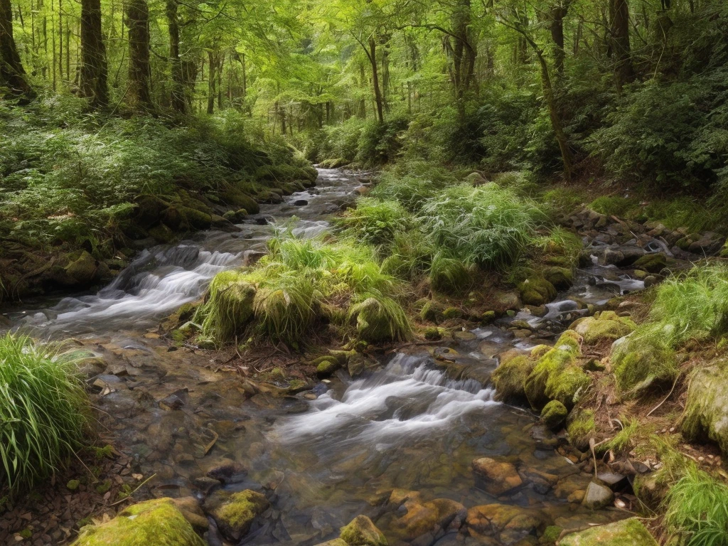 Stream coming down hill, trees next to stream, realistic, photorealistic, hyperealistic, small animals and birds by stream, blue sky, occasional small clouds,