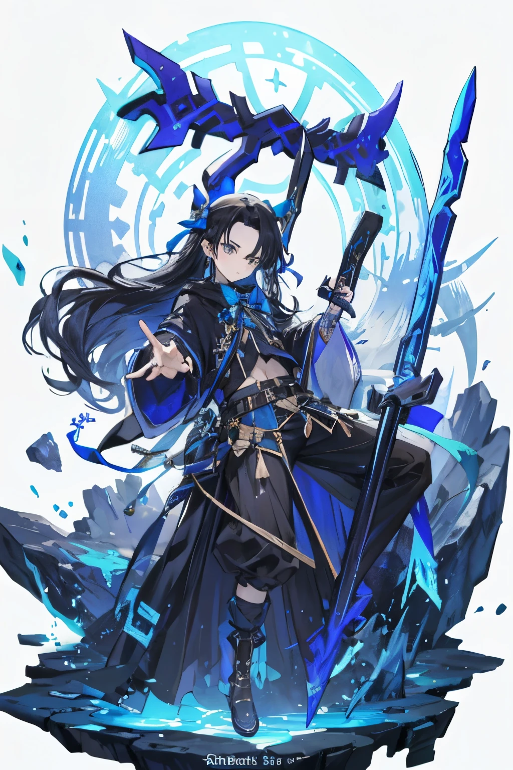 sua arma (it is a bow made of black steel with blue runes that connect to a blue stone in the middle of the bow)
