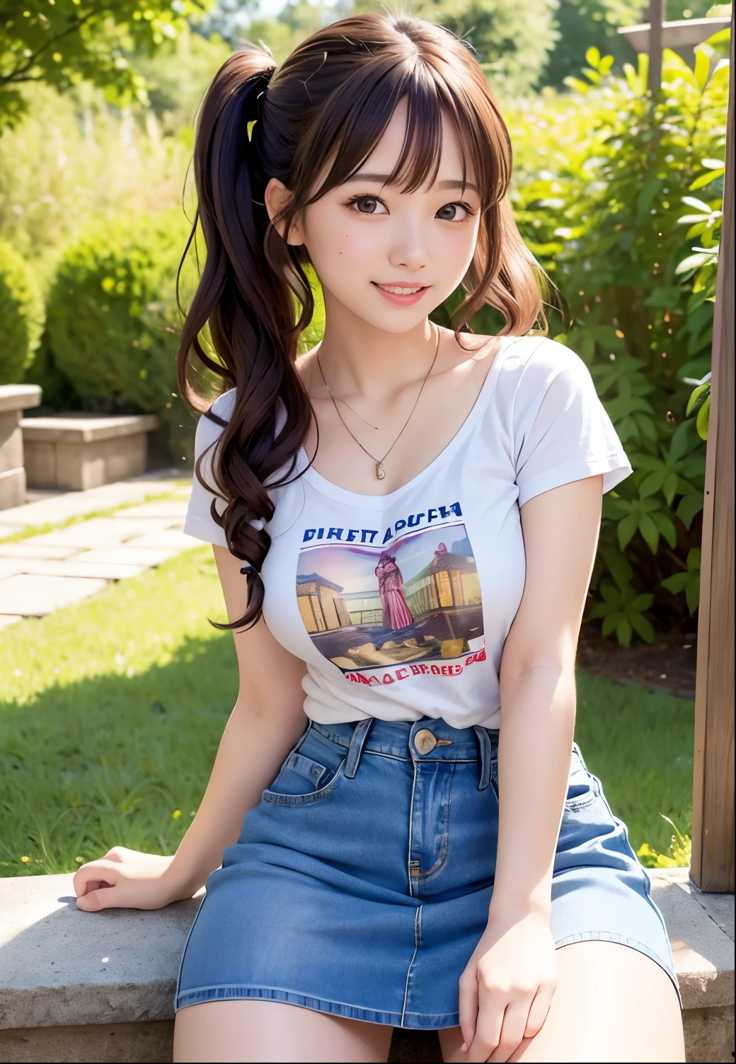 (highest quality,masterpiece:1.3,Ultra-high resolution),(Very detailed、Caustics) (Realistic:1.4, RAW shooting、)Ultra-Realistic Capture、Very detailed、Natural skin texture、masterpiece、(One Japanese girl wearing a sequined printed T-shirt and a mini denim skirt:1.3)、Adorable expression、Expressions of happiness、、the face of a very young cgly cute、Twin tails、Curly Hair、Thin face:1.35、Black Hair、Hair Scrunchie、light makeup、necklace、Very big boobs:1.35、Bare arms、(Slim and beautiful thighs)、Shiny little ass、Shibuya Street、Summer sunshine、Belly button、smile、An inviting gaze、Cowboy Shot、Anatomically correct、Attention to detail、A pose that emphasizes the chest、(Lower milk is fully exposed)