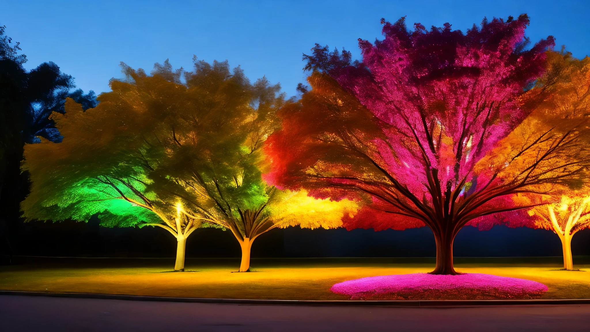 Uma grande, important and leafy colorful tree. Cores fortes e vibrantes. Kinematic lighting.