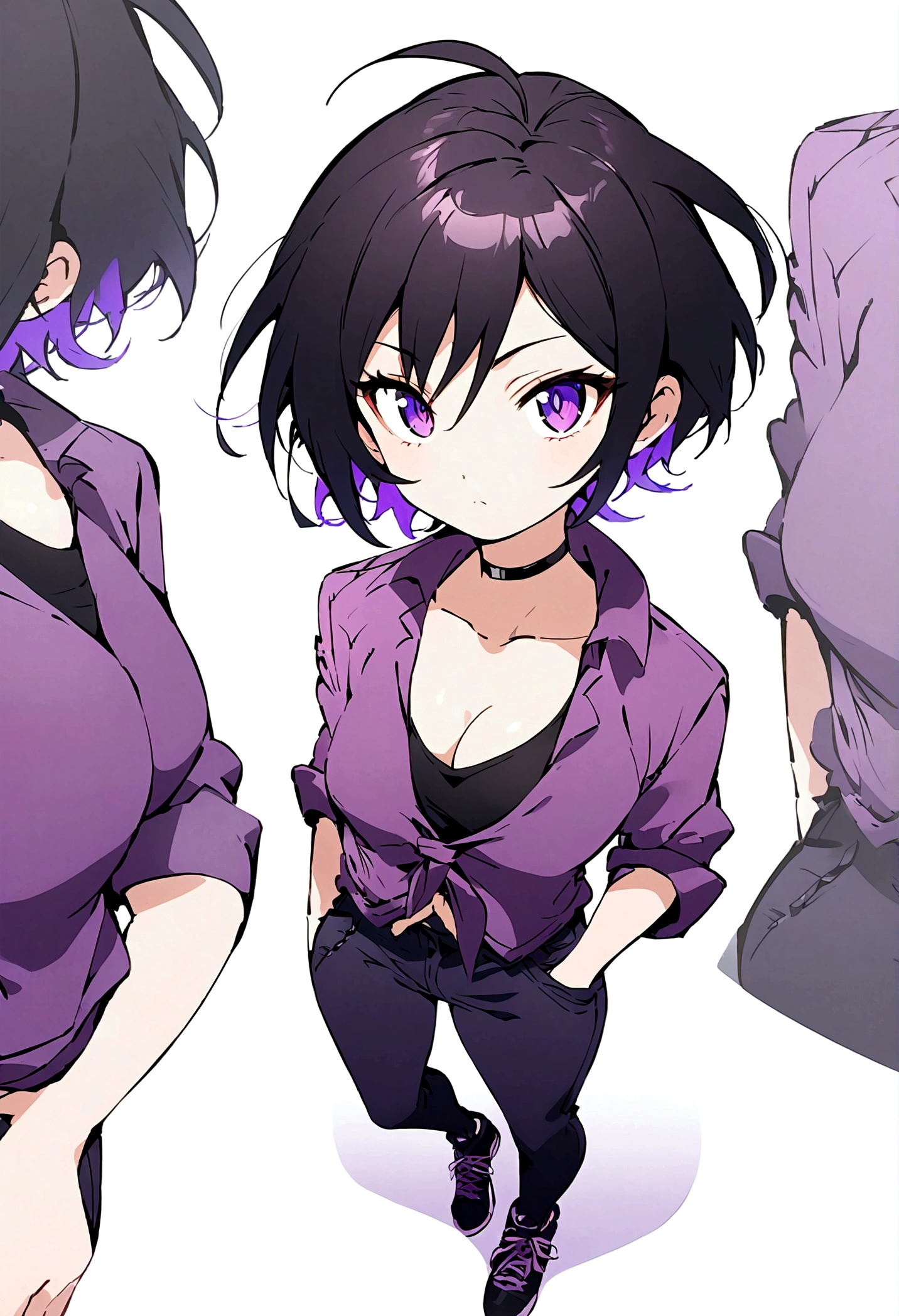 full body, tomboy, mature, sexy, smart, hair color black, short pitch black hair, eyes pupil purple, Short jacket, black plain tank top, long black plain jeans, black sneakers with purple ties, black chokers, anime style,vibrant colors,digital painting, white background.