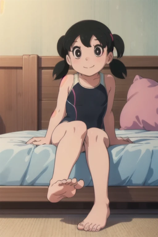 drsizukachan1,explicit, Shizuka Minamoto, Notice
(1 girl, solo, black hair, black eyes, twin tails, competition swimsuit, barefoot, looking at viewer, sitting, feet in focus, soles, toes, in bed, happy), nsfw,twintails