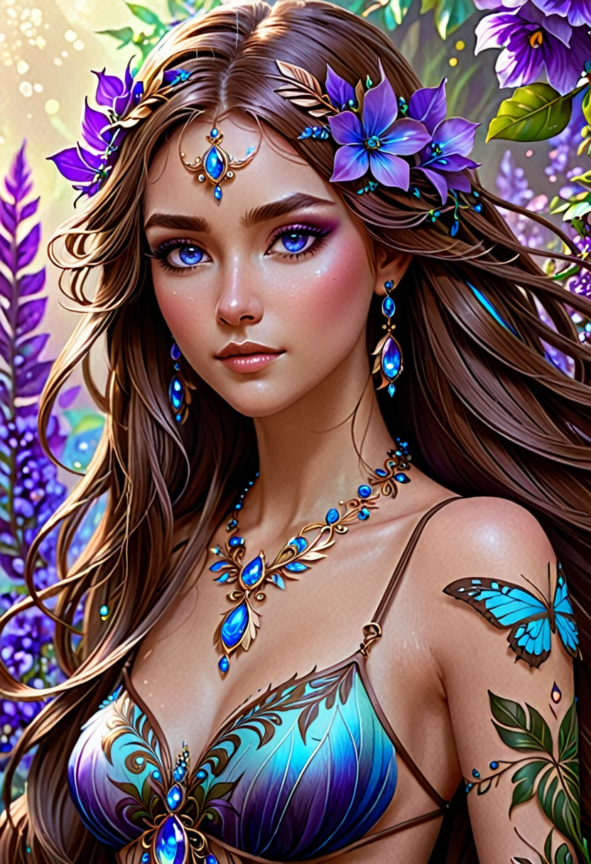 The image depicts a stylized, digital artwork of a female character. She has long, flowing brown hair adorned with purple flowers, giving her a mystical or ethereal appearance. The character has striking blue eyes and is wearing a detailed, ornate necklace with a circular pendant. Her skin is fair, and she has a tattoo or design on her right shoulder that resembles a feather or leaf motif. The overall aesthetic of the image is quite detailed and suggests a fantasy or fantasy-inspired theme. The character's expression is neutral, and she is looking directly at the viewer, which gives the image a sense of engagement.