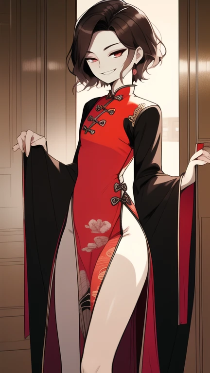 Best quality, Super detailed illustration, Warm colors, Ideal lighting, (BOY:1.6), feminine body, pale skin ,tousled thick hair of medium length, chinese clothes, long sleeves, long skirt with leg cutout on the sides, tight clothing, smug smile, Happy , femboy, small waist, wide hips, Slim, perfect body, full length