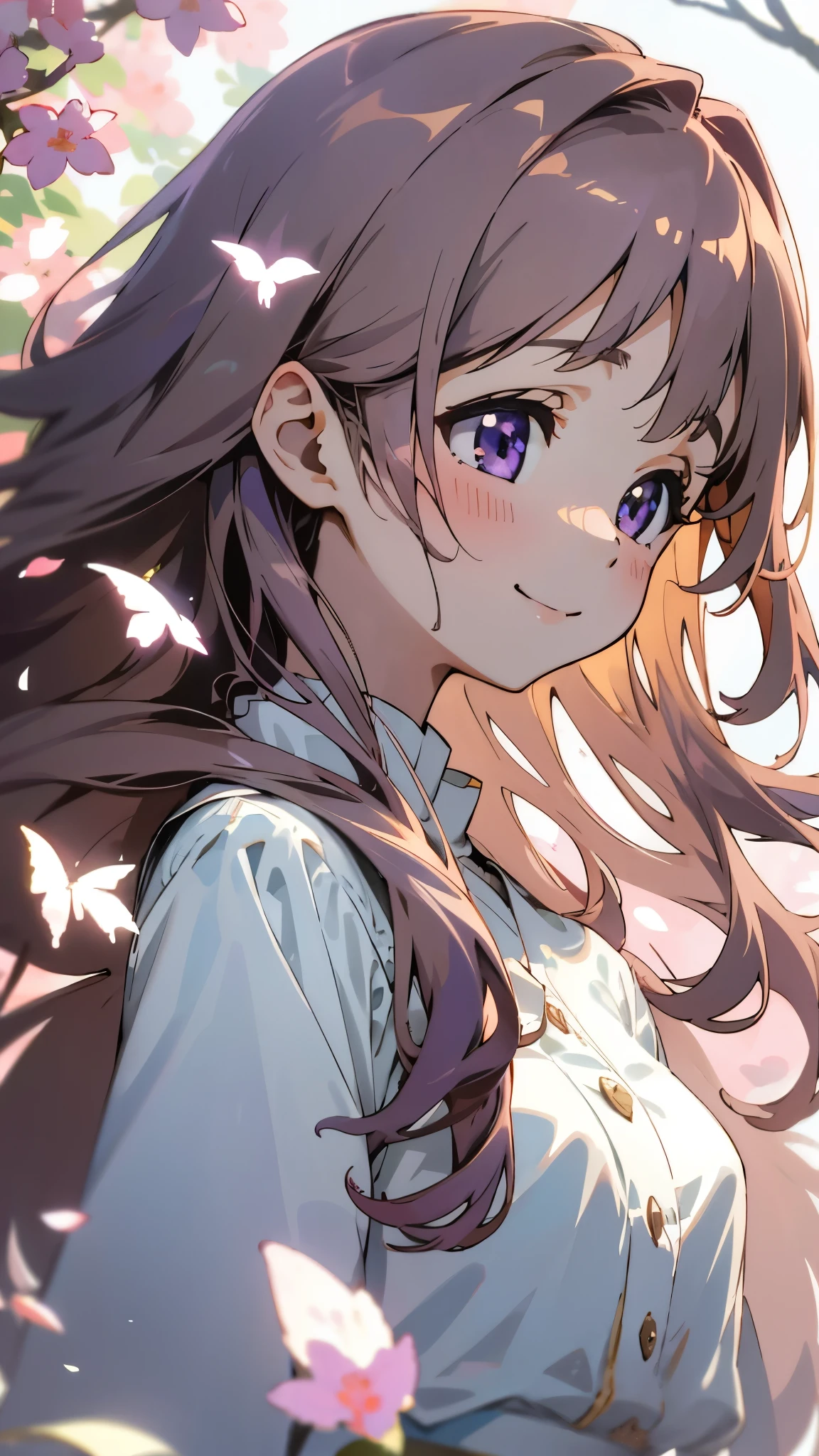 （highest quality，masterpiece，Surreal），美しい light brown hair、beautiful purple beautiful eyes、Long Hair、Transparent Hair、Translucent hair、smile、profile、Upper body close-up、Beautiful and delicate girl portrait，Playful and cute，Background Petals fluttering，