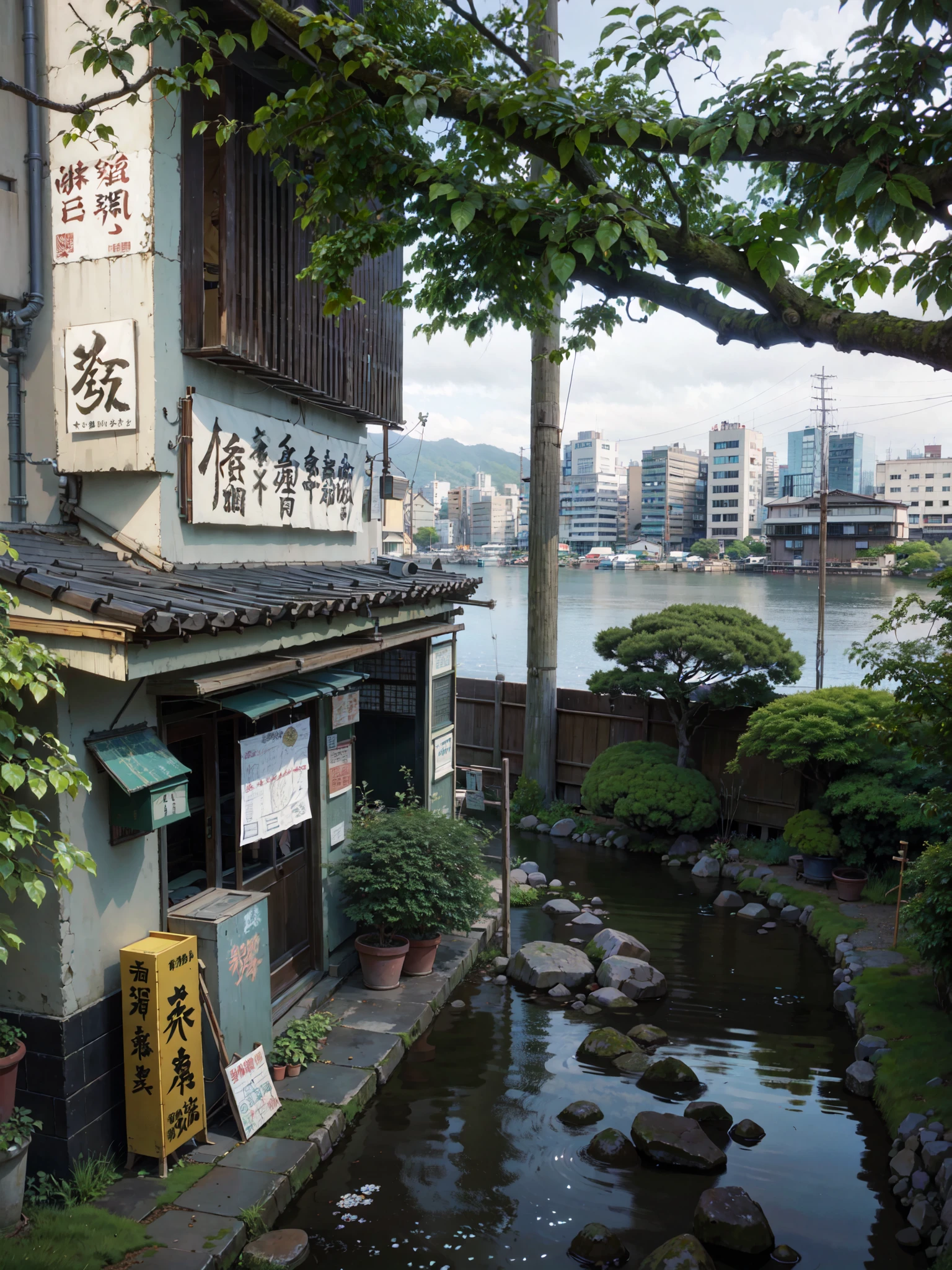 ((best quality)), ((masterpiece)), (detailed), there is a small building with a sign on it next to a river, beautiful iwakura, iwakura lain, momoshiki ōtsutsuki, edo era house in the background, by Gusukuma Seihō, hakusensha, sen no rikyu, kintsukuroi, katsushika, shinkai
