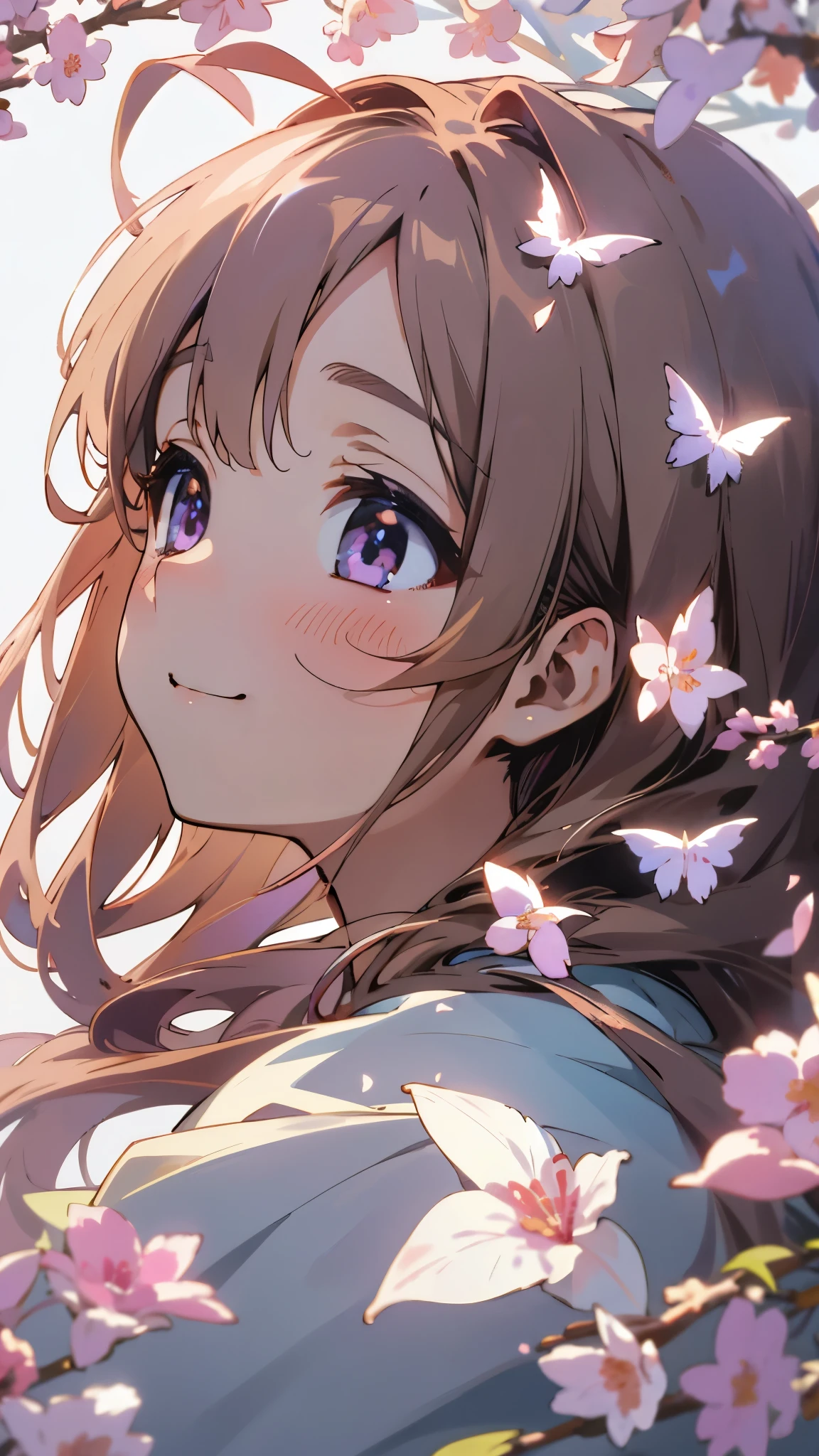 (highest quality,masterpiece,Surreal),美しい light brown hair、beautiful purple beautiful eyes、Long Hair、Transparent Hair、Translucent hair、smile、profile、Upper body close-up、Beautiful and delicate girl portrait,Playful and cute,Background Petals fluttering,