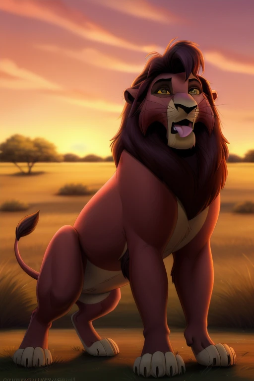 kovu, yellow sclera, hypnotized with glowing purple eyes, tongue out, (pose:1.3), (posing:1.3), (soft shading), 4k, hi res, five fingers, detailed hands, ((detailed face, (detailed eyes:1.3), detailed)), (full body), by zackarry911, by zaush, (by personalami:0.5), olo, open mouth, outdoors, sky, glowing, fangs, grass, claws, sunset, whiskers, feral