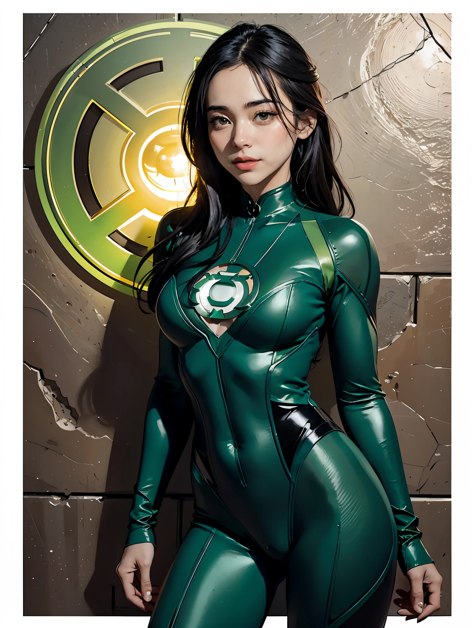 A beautiful woman in style,y Yellow Lantern (in English: Green Lantern) is a DC Comics superhero. Created by Martin Nodell and Bill Finger, the original Green Lantern was recast as a new superhero with the same name in the 1960s, the original character became known by the name his parents called Alan Scott and for a time adopted the identity from Sentinela (Brazil). The current Green Lantern, founding member of the Justice League of America. This time, she helped cement the new Green Lantern as a popular hero, with a more cosmic theme. lined lips, green bodysuit, covered navel, makeup, muscular, tight skin, All green uniform, muscular female, green bodysuit, yellow bodysuit, Looking at the Viewer, (medium breasts: 1.4), (hanging breasts: 1.3), (full breasts: 1.4), (realism: 1.5), (Realisitc: 1.4), (Absurdity: 1.4), 8k, ultra-detailed, Detailed beautiful woman, (Only one:1.4), 1girl, (Viewer facing:1.2), sexy,