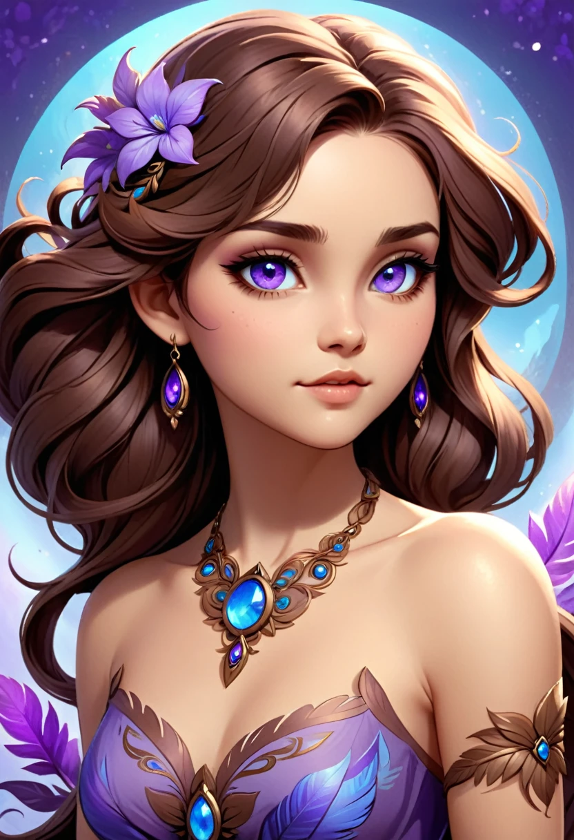 The image depicts a stylized, digital artwork of a female character. She has long, flowing brown hair adorned with purple flowers, giving her a mystical or ethereal appearance. The character has striking blue eyes and is wearing a detailed, ornate necklace with a circular pendant. Her skin is fair, and she has a tattoo or design on her right shoulder that resembles a feather or leaf motif. The overall aesthetic of the image is quite detailed and suggests a fantasy or fantasy-inspired theme. The character's expression is neutral, and she is looking directly at the viewer, which gives the image a sense of engagement.