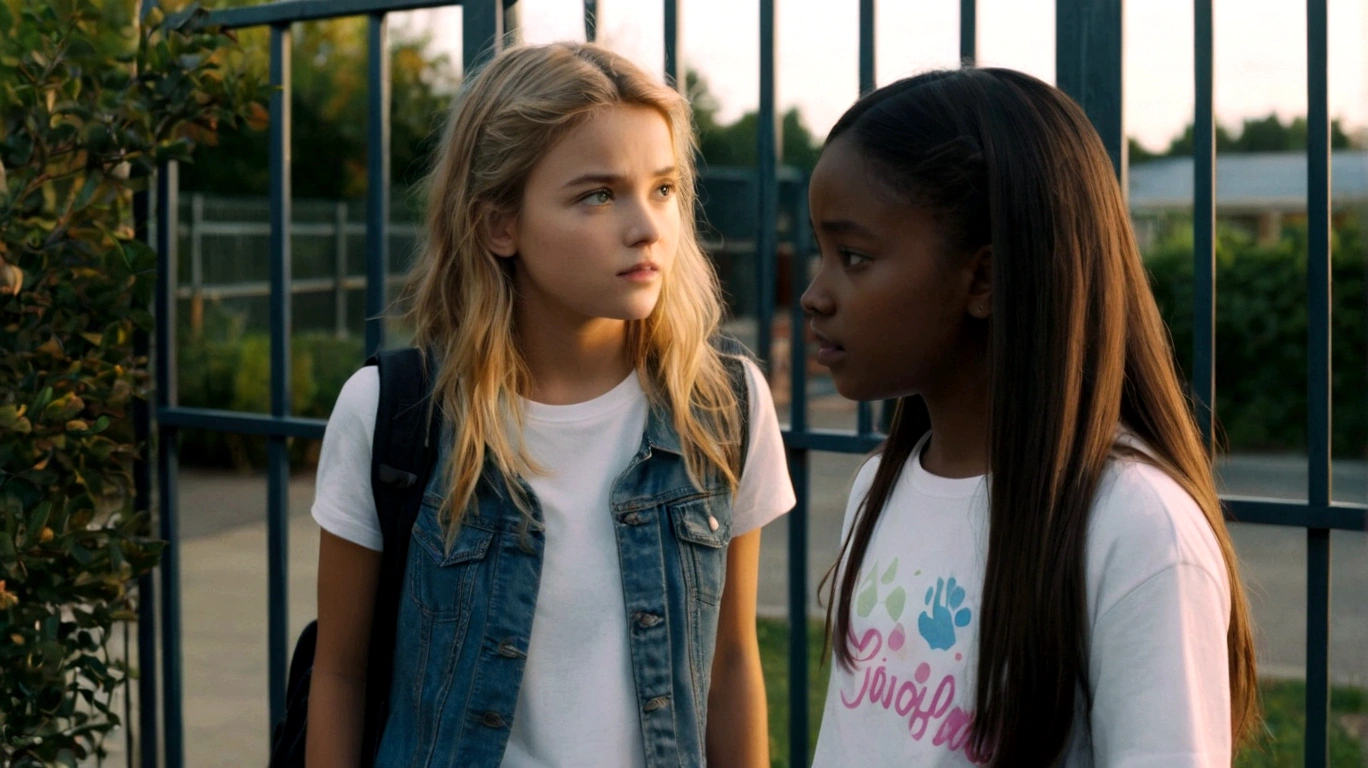 two young women standing next to each other walking down the street, screenshot from a movie, #movie, still from a live-action movie, scene from the live-action movie, wonderful scene, screenshot from the movie, movie still high quality, scene from a film, still frame from a film, shot from the film, medium shot of two characters, still from a film, beautiful scene,