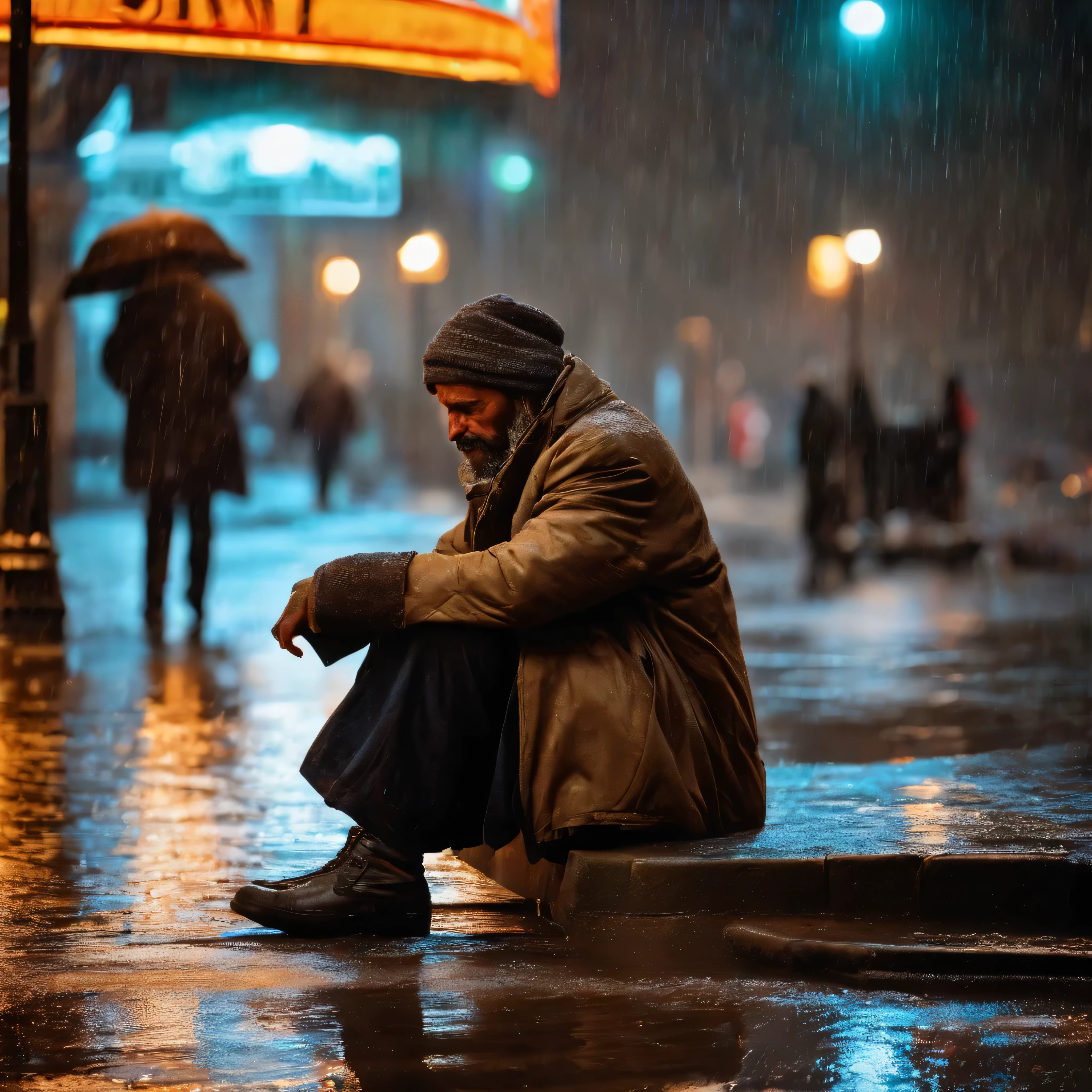 A homeless man sits on the street while it is raining heavily in winter