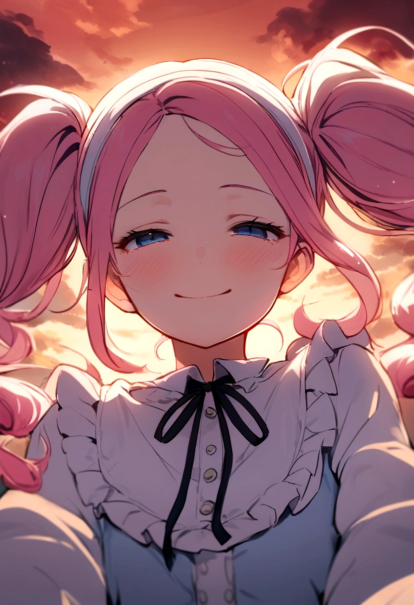 masterpiece, highest quality, Movie Steel, One girl, Cloud Girl, Floating in the sky, close, Luminance, happiness, Warm and soft lighting, sunset, Sleep, うつ伏せでsleep, sleep, close your eyes, Fatigue. (spark:0.7), (pink hair, twin tails twin drill, show your forehead, blue eyes, White frilled white headband, slanted eyes, smile, long sideburns, curled bangs, neck ribbon, Forehead, amount), 
