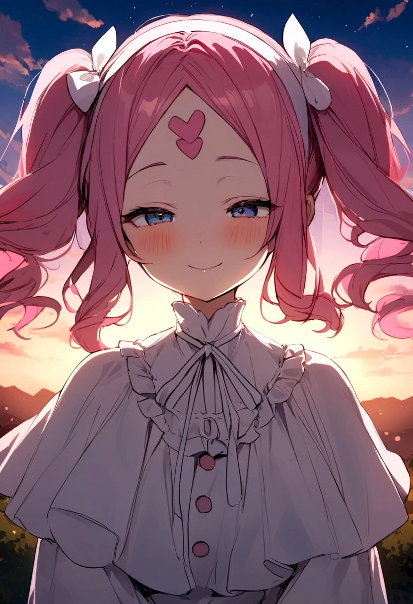 masterpiece, highest quality, Movie Steel, One girl, Cloud Girl, Floating in the sky, close, Luminance, happiness, Warm and soft lighting, sunset, Sleep, うつ伏せでsleep, sleep, close your eyes, Fatigue. (spark:0.7), (pink hair, twin tails twin drill, show your forehead, blue eyes, White frilled white headband, slanted eyes, smile, long sideburns, curled bangs, neck ribbon, Forehead, amount),