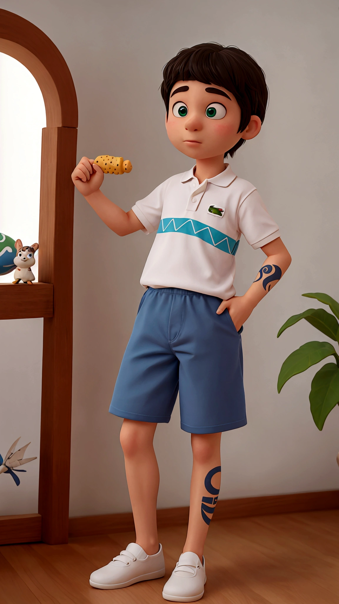 criar um post estilo disney pixar, com um jovem de vinte anos branco, cria do rio de janeiro com cabelo degrade curto pretro, bigodinho preto fininho, olhos verdes, vestindo uma camisa polo da lacoste, um short da lacoste, um chinelo branco, segurando um iphone 15, dentro de um quarto gamer, tattooed left arm.