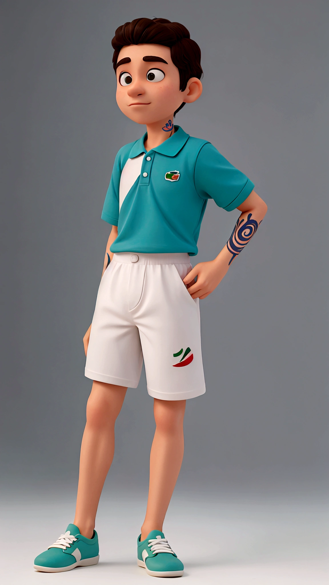 criar um post estilo disney pixar, com um jovem de vinte anos branco, cria do rio de janeiro com cabelo degrade curto pretro, bigodinho preto fininho, olhos verdes, vestindo uma camisa polo da lacoste, um short da lacoste, um chinelo branco, segurando um iphone 15, dentro de um quarto gamer, tattooed left arm.