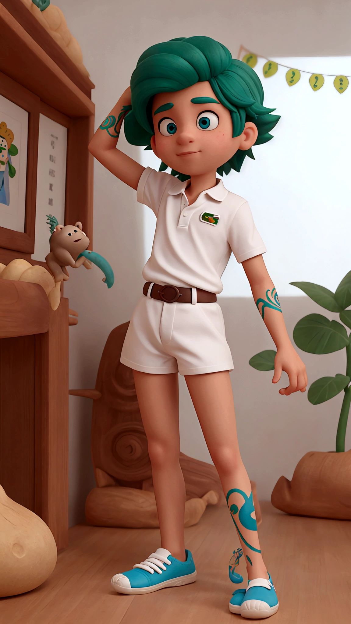 criar um post estilo disney pixar, com um jovem de vinte anos branco, cria do rio de janeiro com cabelo degrade curto pretro, bigodinho preto fininho, olhos verdes, vestindo uma camisa polo da lacoste, um short da lacoste, um chinelo branco, segurando um iphone 15, dentro de um quarto gamer, tattooed left arm.