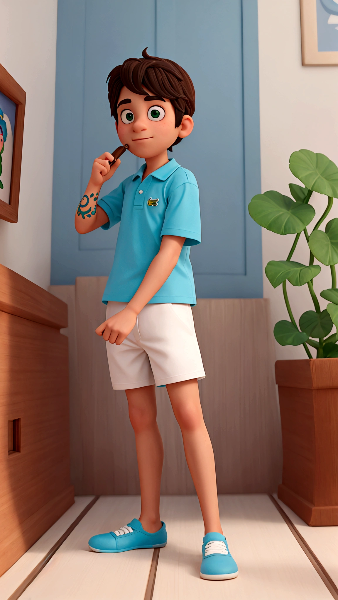 criar um post estilo disney pixar, com um jovem de vinte anos branco, cria do rio de janeiro com cabelo degrade curto pretro, bigodinho preto fininho, olhos verdes, vestindo uma camisa polo da lacoste, um short da lacoste, um chinelo branco, segurando um iphone 15, dentro de um quarto gamer, tattooed left arm.