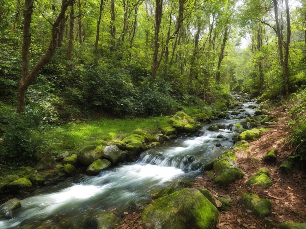 Stream coming down hill, trees next to stream, realistic, photorealistic, hyperealistic, small animals and birds by stream, blue sky, occasional small clouds,