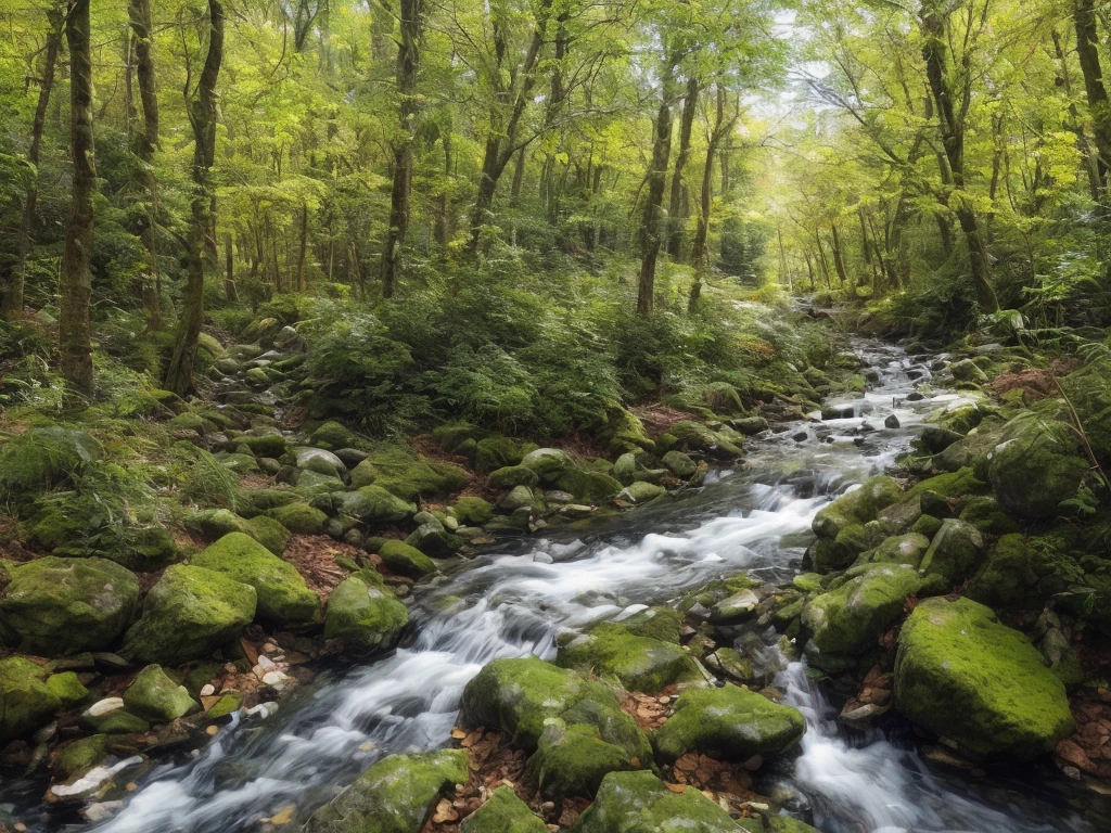 Stream coming down hill, trees next to stream, realistic, photorealistic, hyperealistic, small animals and birds by stream, blue sky, occasional small clouds,